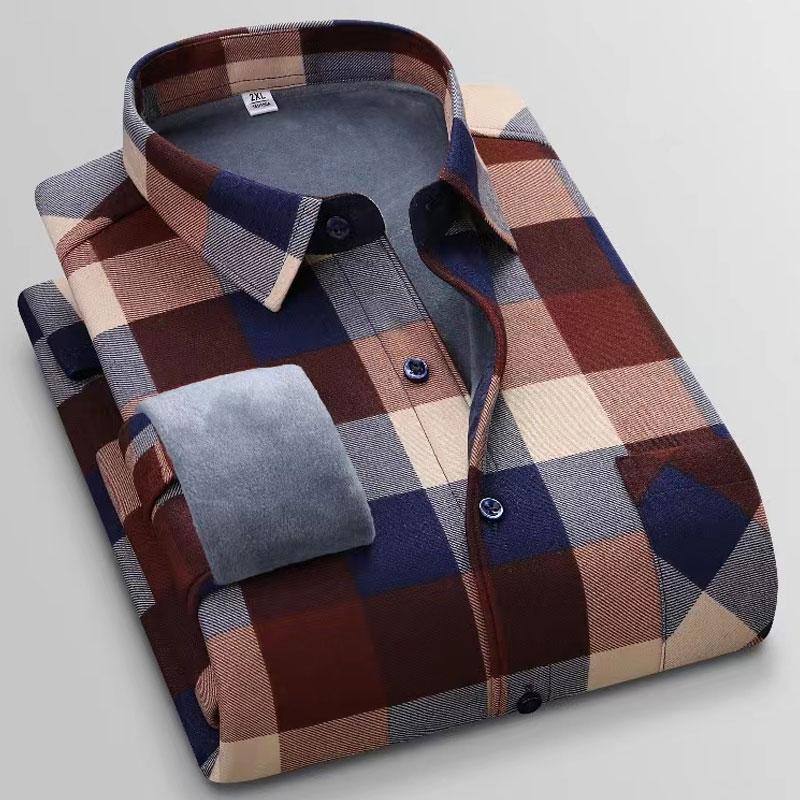 Новая мужская рубашка 5XL Осень и Зима Плюс Флис Утолщенная Теплая С длинным рукавом Не требует глажки Клетка Бизнес-кэжуал Приталенная Модная