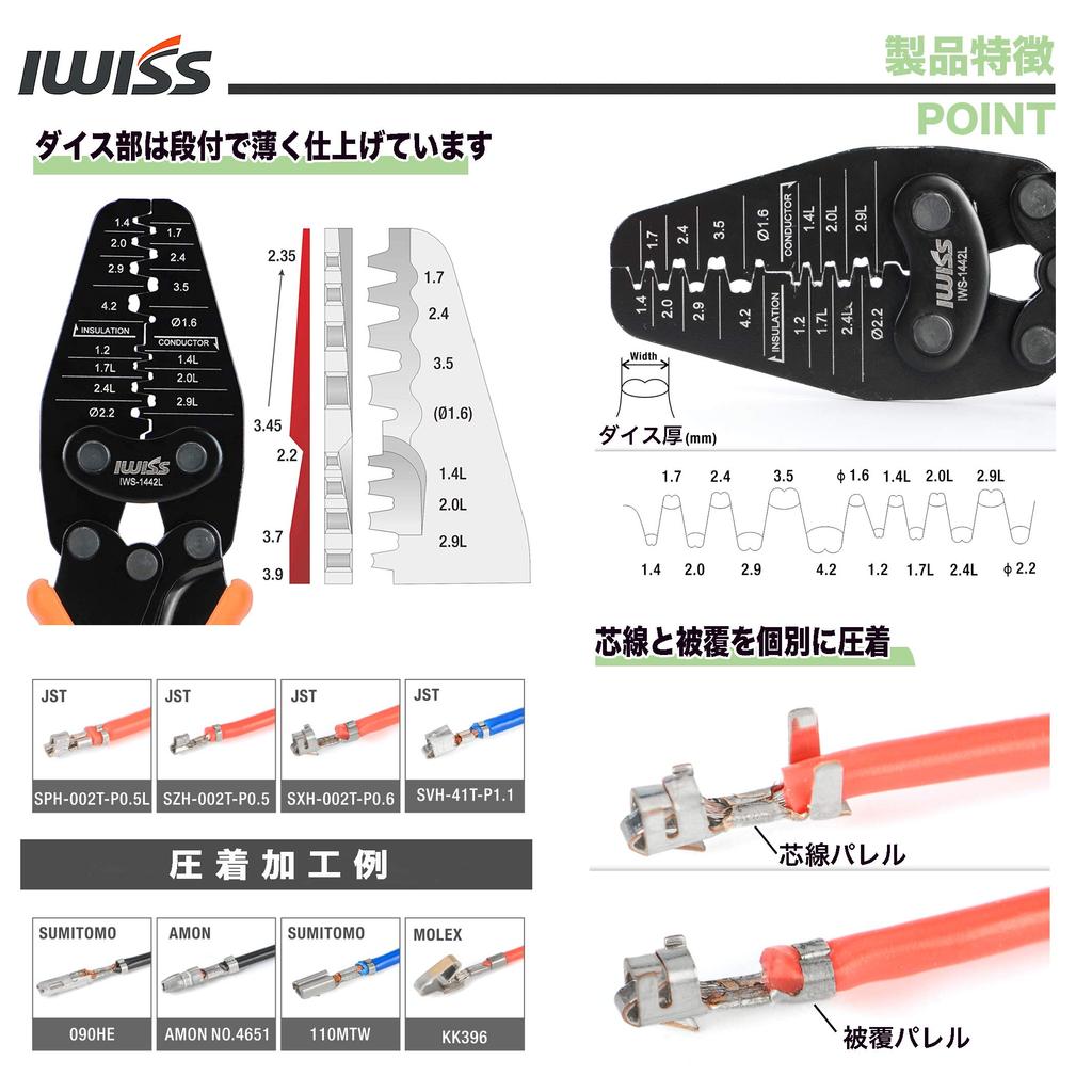 IWISS General-Purpose Crimping Pliers, Crimping Tool for Open Barrel Contacts, Stepped Dies with Thin Finish (For Small To Large Terminals) IWS-1442L