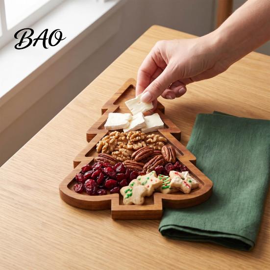 Cheese Board for Holidays Christmas Tree And Elk Serving Tray, Durable Wood Partitioned Home Table Decor Food Platter, Decorative Dinnerware