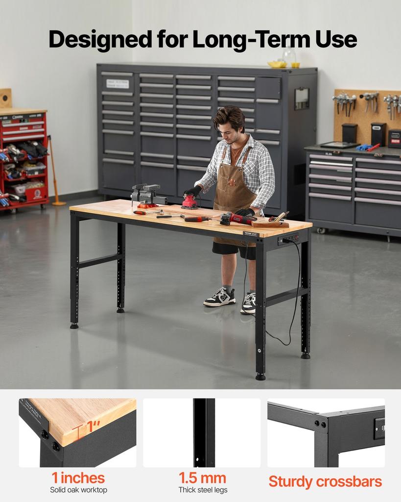 Adjustable Height Workbench 61"L x 20"W Work Bench Table with Power Outlet