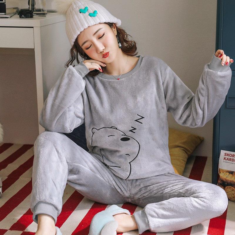 Thickened Warm Sleepwear for Winter Coral Velvet Cartoon Long-Sleeved Pajamas Homewear Two-Piece Set Women Nightwear Loungewear