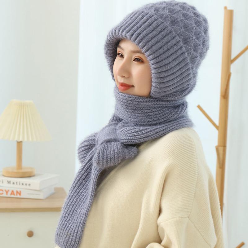 Women Windproof Hat Scarf Set Solid Color Beanie Caps Woolen Hat Fleece Lined Knitted Winter Plush
