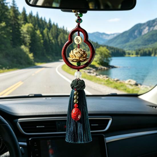 Китайское счастливое автомобильное подвесное украшение для салона Деревянный кулон-калебас с кисточкой Традиционный автомобильный талисман Фэн-шуй для автомобильного зеркала заднего вида