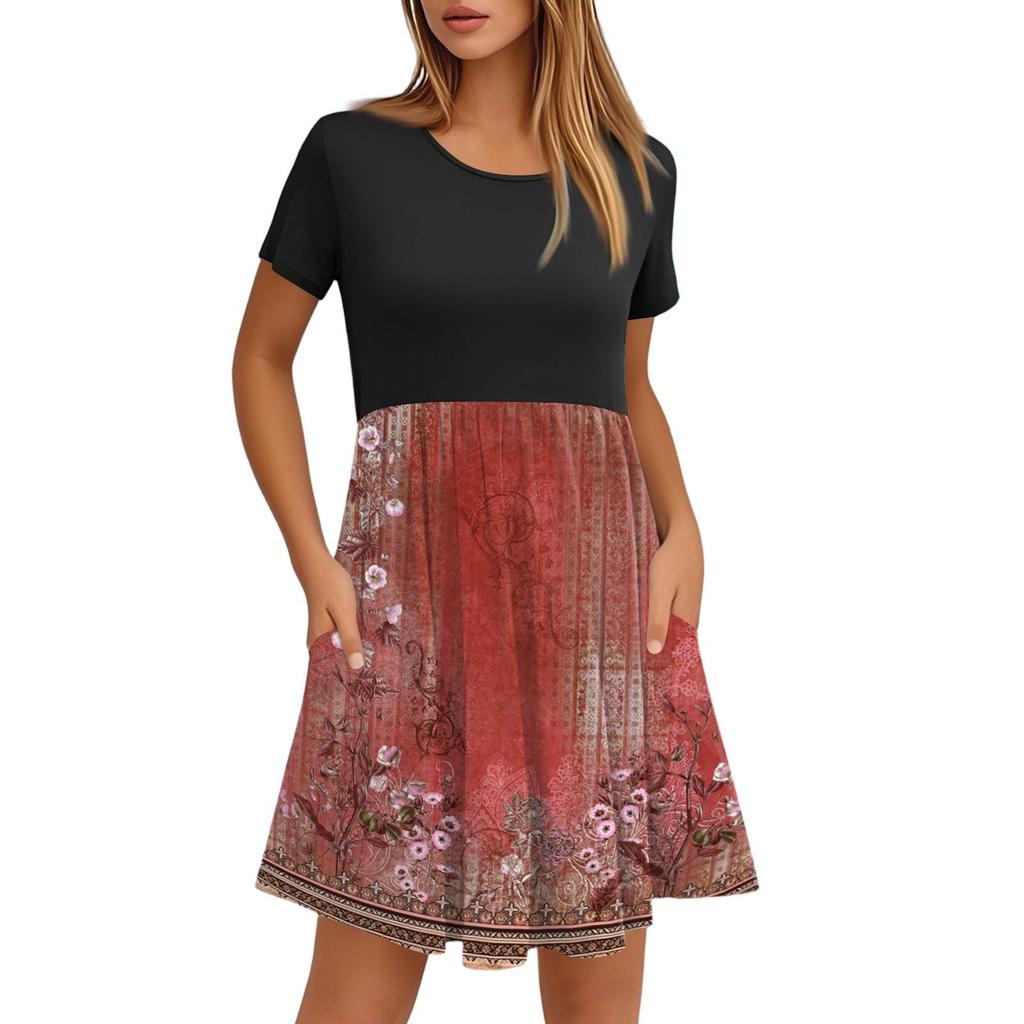 Женские модные повседневные свободные платья с круглым вырезом и коротким рукавом с принтом и карманами