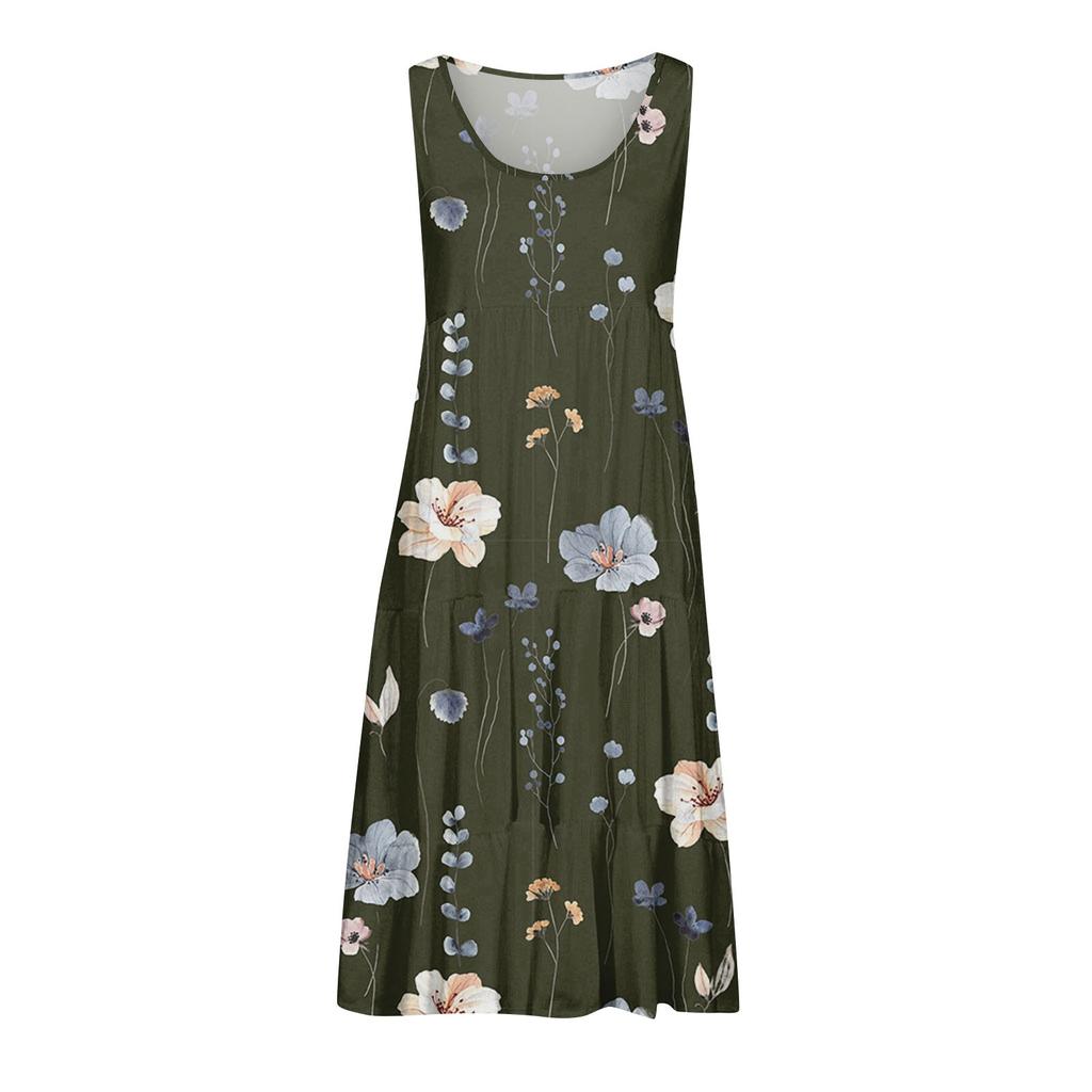 Женские платья-жилеты Лето-весна Плиссированные богемные платья Симпатичные струящиеся пляжные платья без рукавов Прямая футболка Платья-майки Платья с круглым вырезом