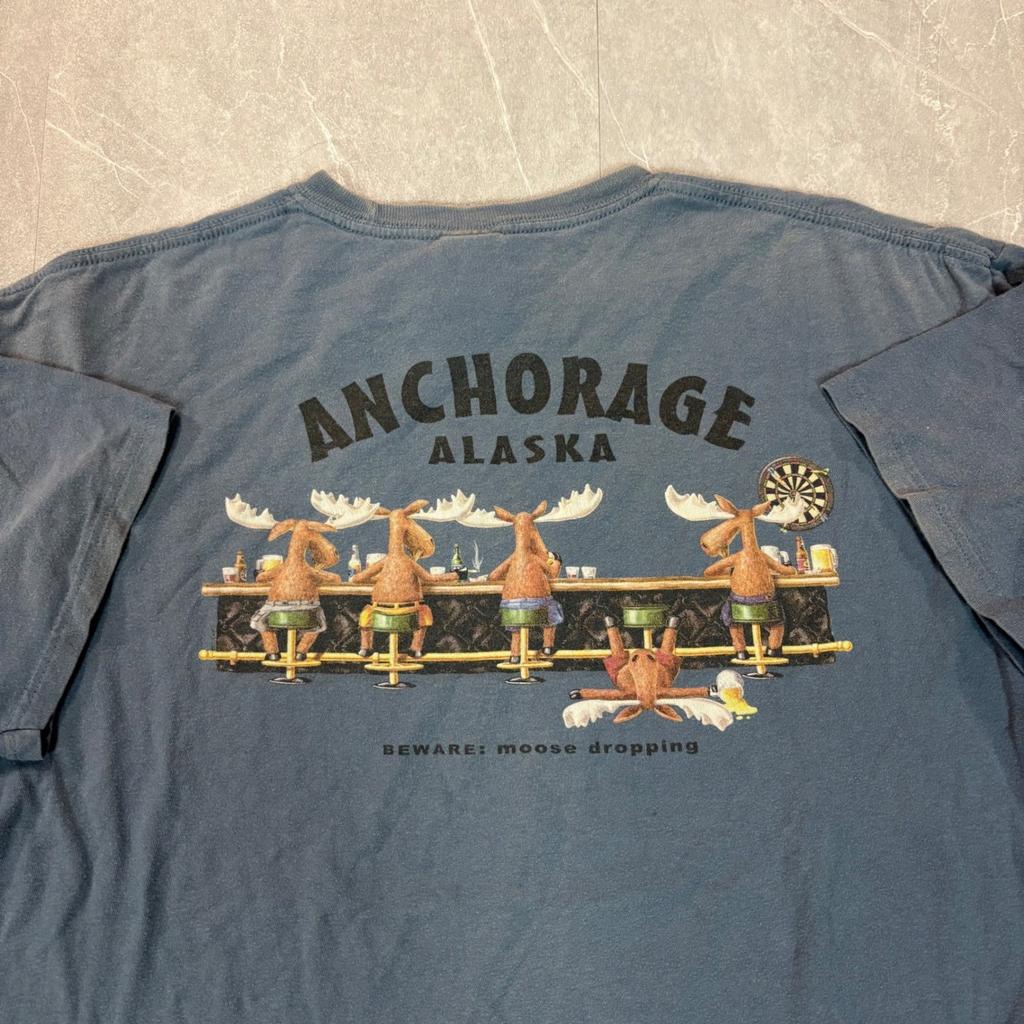 Duck Co Anchorage Alaska Moose Dropping Graphic Blue Mens XL Unisex T-Shirt