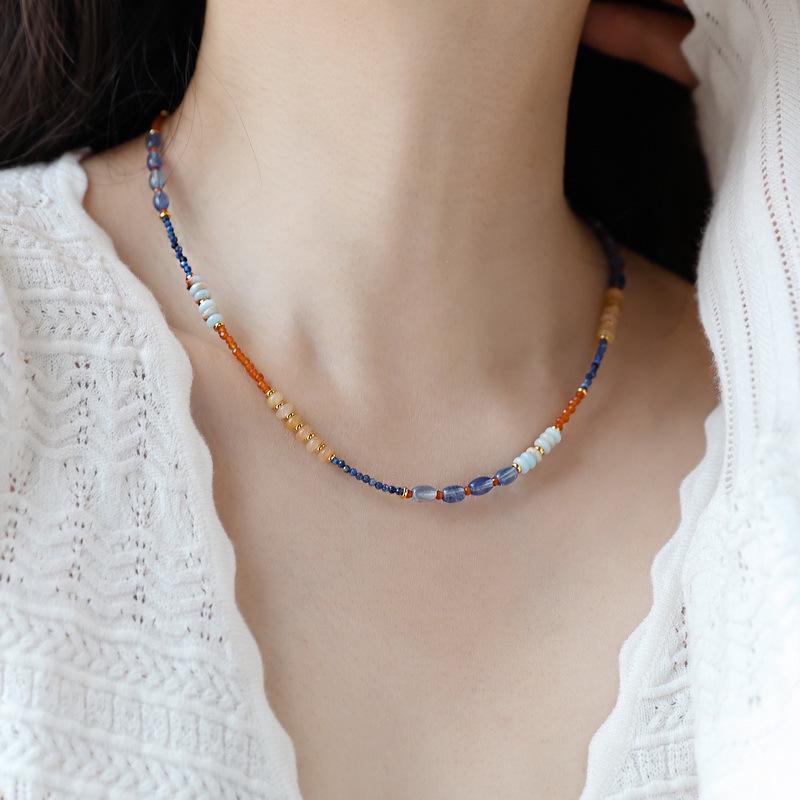 Ожерелье из лазурита в дунхуанском стиле: Синяя и оранжевая тушь в китайском стиле, цепочка на ключицу
