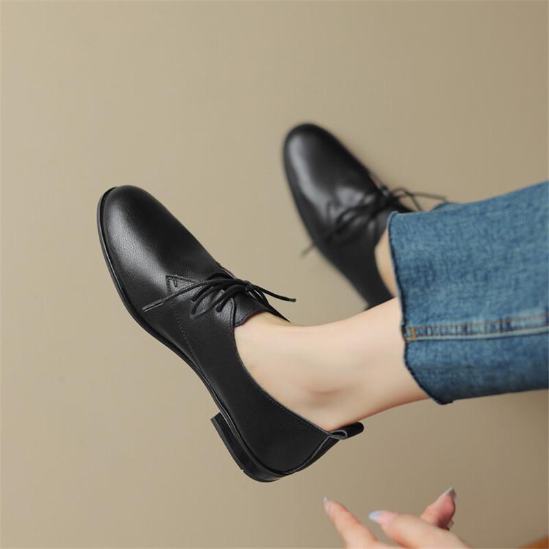 Fashion New Genuine Leather Loafers Spring/Autumn Round Toe Chunky Heel Women Pumps Lace Shoes for Women Ladies Shoes Comfort Low Heels