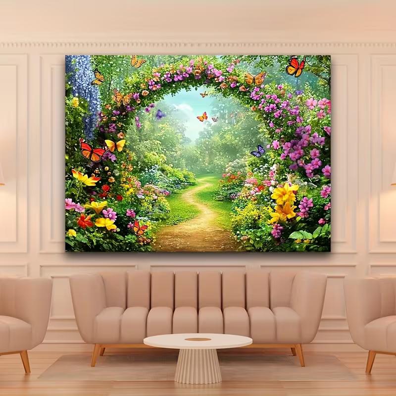 2D Flower Arch Backdrop, Enchanted Garden with Butterflies Photography Background for All Occasions