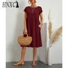 HNXC Женская мода лето весна однотонный принт О-образный вырез высокая талия повседневные платья