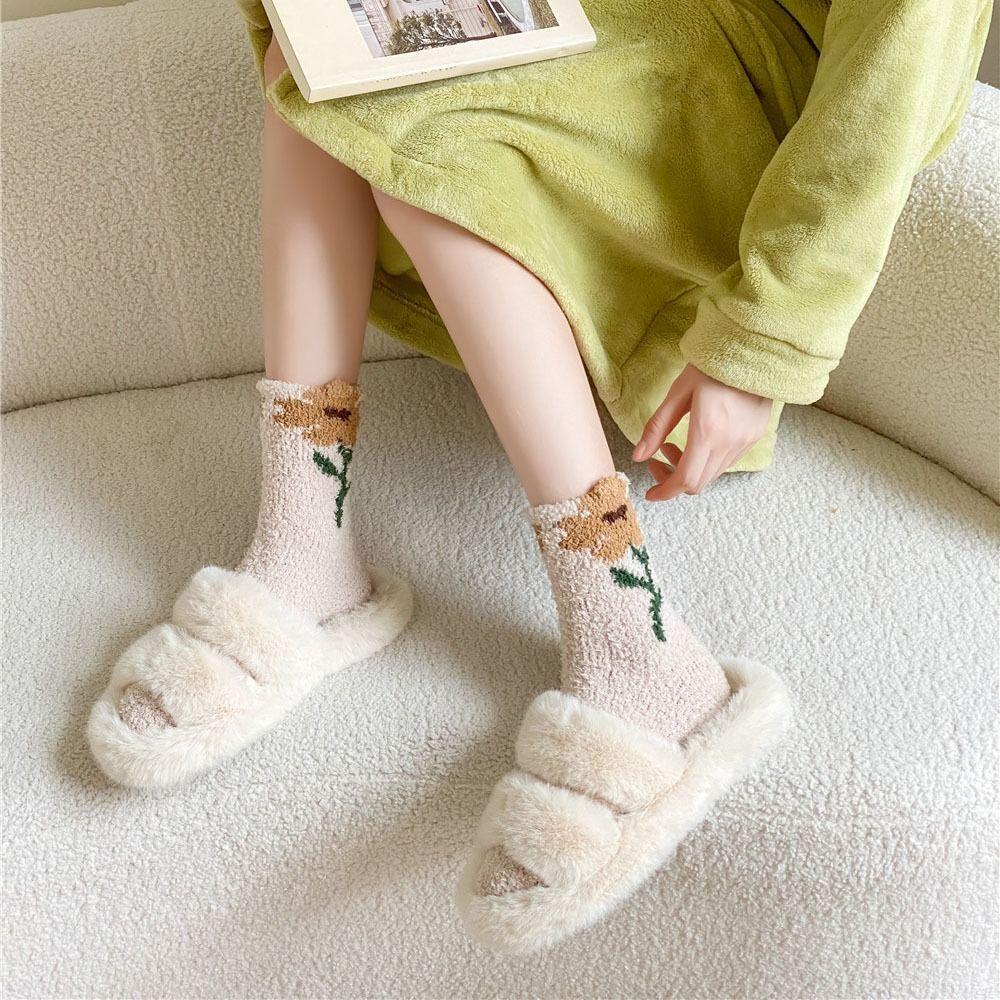 6Pairs Winter Floor Plush Socks Flower Warm Socks Women Soft Coral Fleece Socks  Autumn