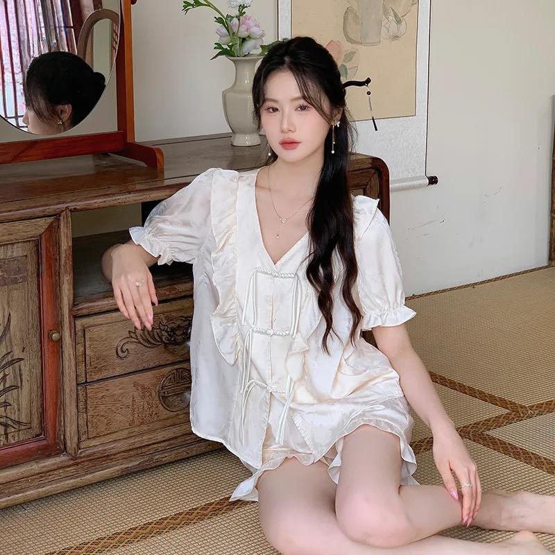 Pajamas Women's Summer New Ice Silk Short-sleeved Shorts Two-piece Suit New Chinese Antique Home Clothes