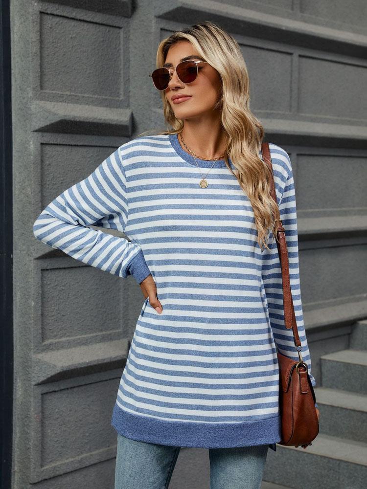 Элегантная и модная осенне-зимняя удобная однотонная полосатая футболка с круглым вырезом и длинными рукавами, повседневная футболка, свитер, толстовка с капюшоном