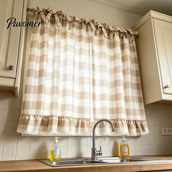 Window Valance with Lace Trim Buffalo Check Valance, Ruffled Curtain And Bows, Small Valances Light Filtering Rod Pocket for Kitchen Living
