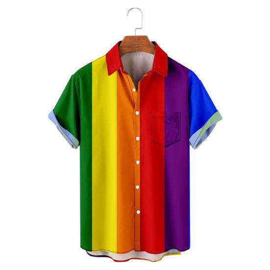 Men Summer Shirt Color Matching Bright Colors Turn-down Collar Single-breasted Short Sleeves Cooling Buttons Rainbow Color Plus Size Beach Shirt