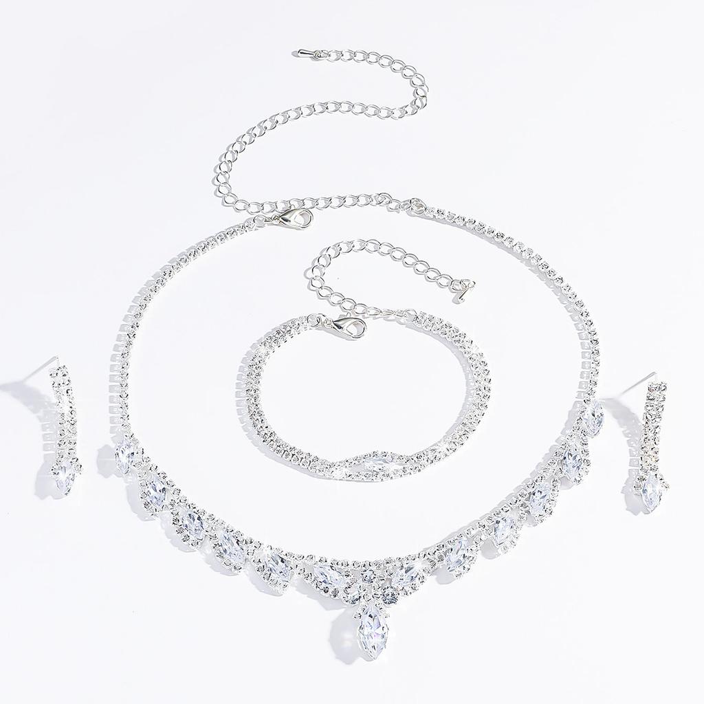 4 шт. Модный микроинкрустированный медный циркон Лепесток Ожерелье Серьги Браслет Набор цирконов Свадебный банкет Вечеринка Праздничный подарок-808453