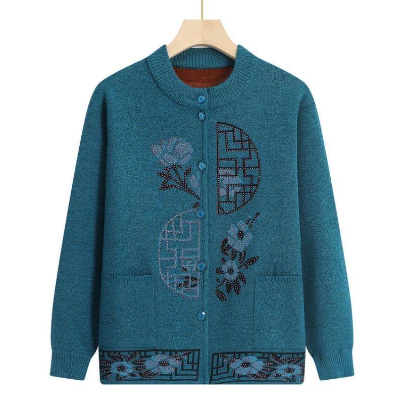 Middle-aged and Elderly Autumn and Winter Cardigan Top, Female Grandma Fleece Thickened Warm Jacket, Festive Knitted Sweater Mother Outfit