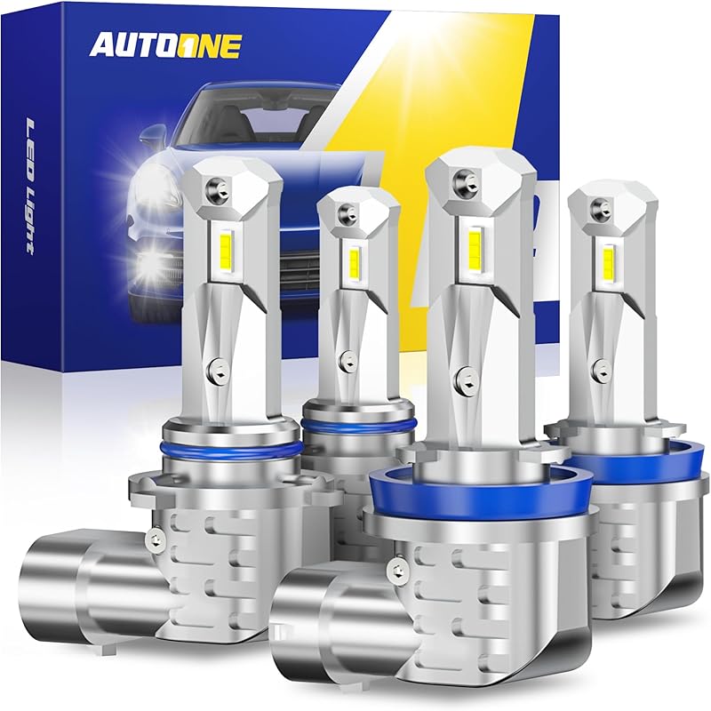 AUTOONE 9005 H11 LED Bulbs Combo, 60000LM CANBUS Fanless HB3 H8 H9 Fog Light Bulb 6000K White Car Replacement Bulbs, Pack Of 4