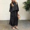 2 Pcs/Set Women Top Skirt Suit Round Neck Three Quarter Sleeve Slant Hem Vintage Top Drawstring Elastic Waist Loose Irregular Maxi Skirt