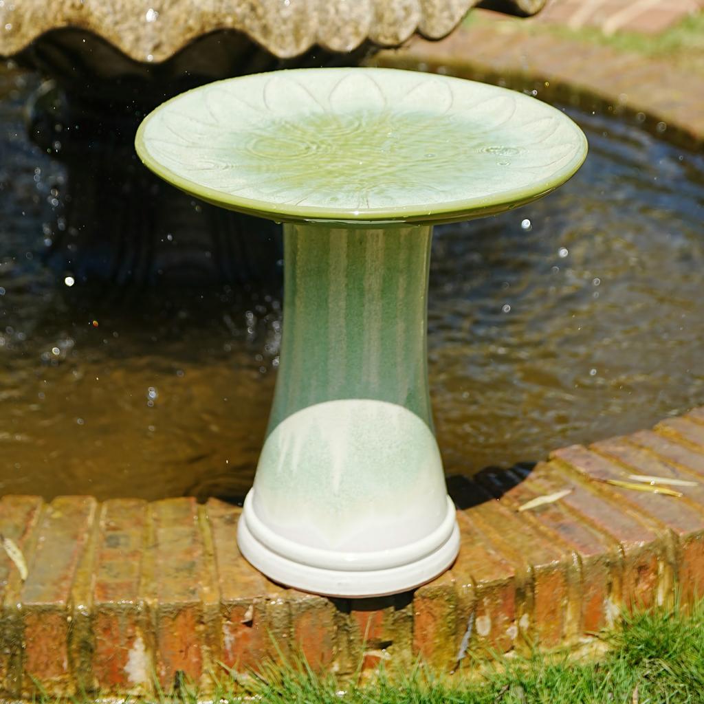 Handmade Ceramic Bird Bath, Floral Relief Bowl, diameter 43cm Height 45cm, Gradient Green High-Gloss Glaze, Frost-Resistant & Weatherproof for Garden
