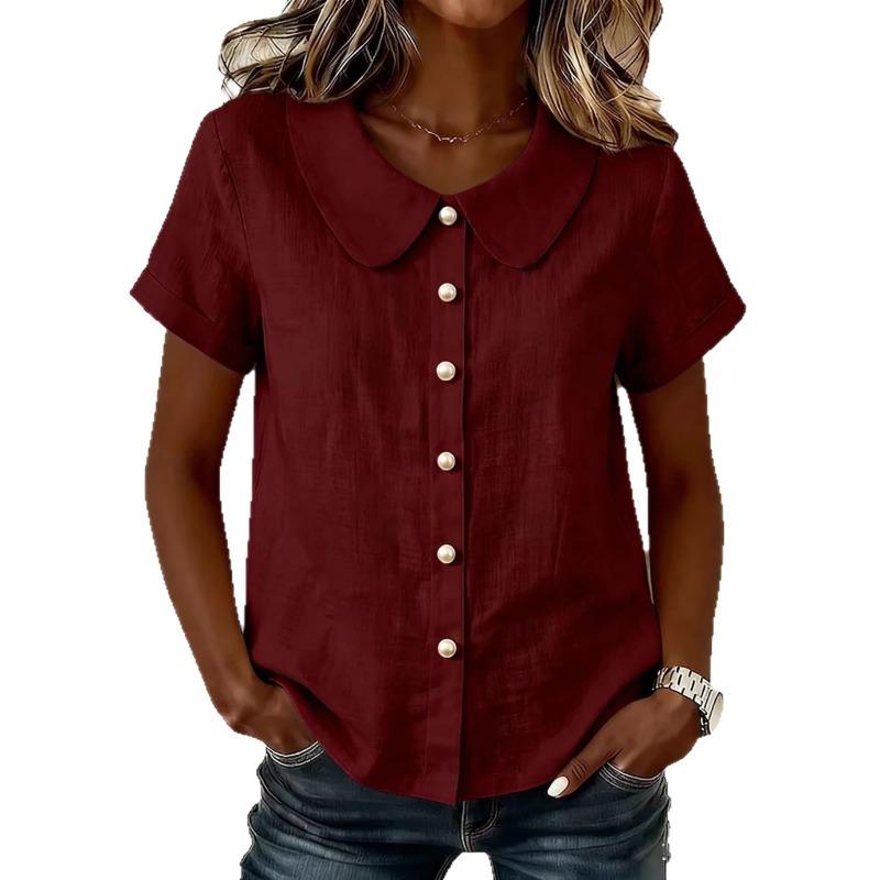 Womens Peter Pan Collar Buttonwomens peter pan collar blouse Front Short Sleeve Blouse