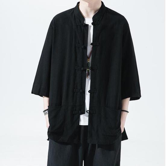 Мужская рубашка в китайском стиле, свободная рубашка в стиле ретро на пуговицах с карманами, хлопковая льняная дышащая летняя рубашка для уличных вечеринок и путешествий