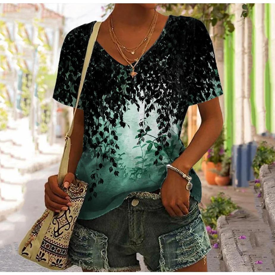Summer New 3D Printed V-neck Comfortable Casual T-shirt Women's Top