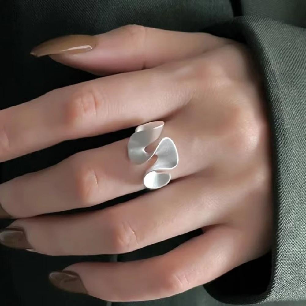 Geometric Wave Lace Opening Rings Matte Silver Luxury Party Gift Fashion Women Jewelry
