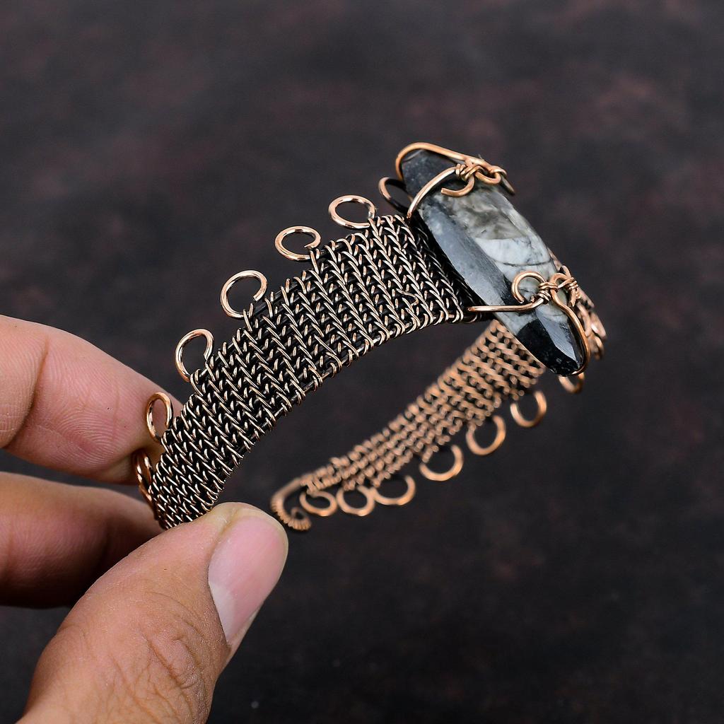 Orthoceras Ископаемый медный браслет Медная проволока Браслет-манжета Ювелирные изделия из драгоценных камней Регулируемый браслет ручной работы Медные ювелирные изделия Подарок для женщин