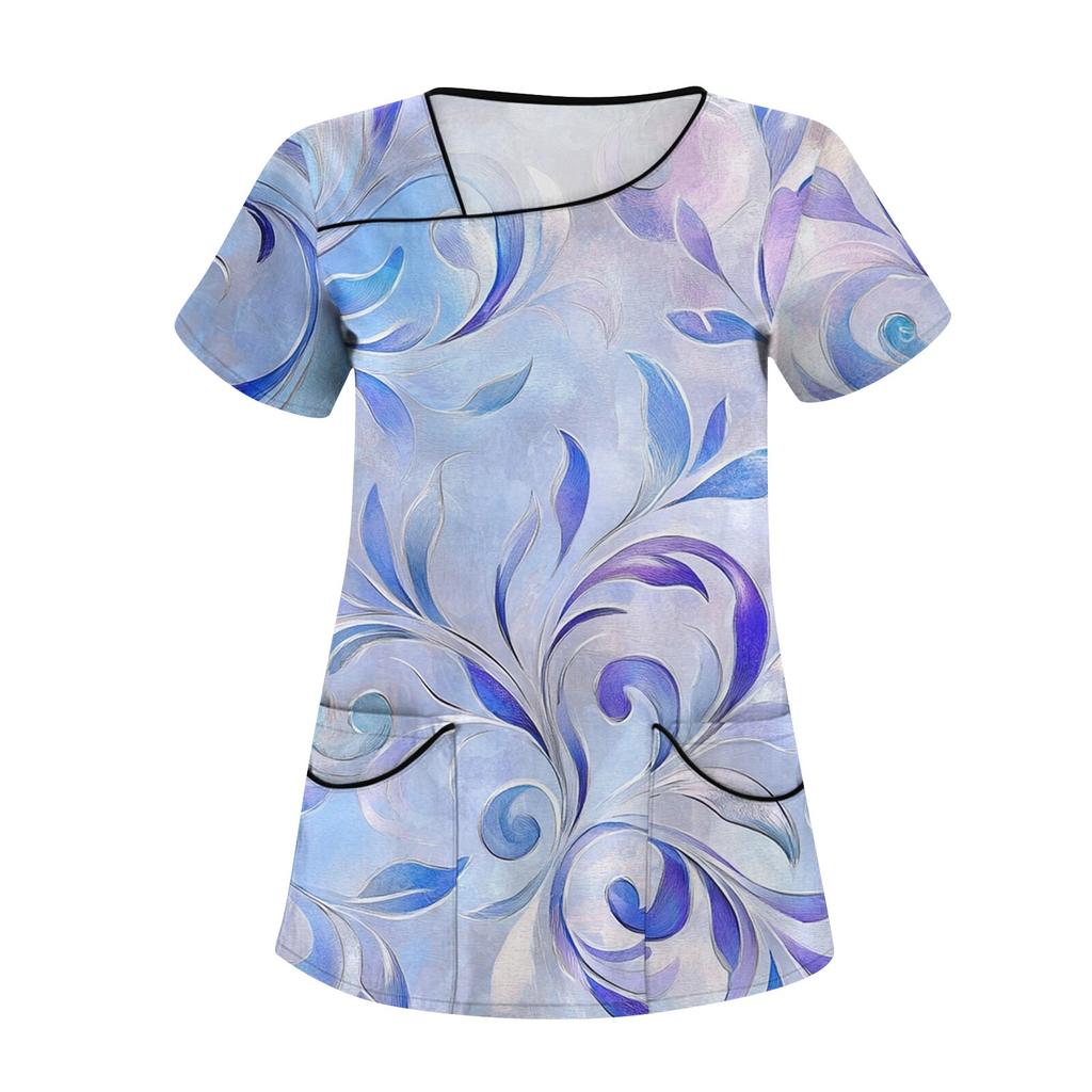 Женская повседневная рабочая одежда с короткими рукавами и наклонным воротником с принтом и двойными карманами