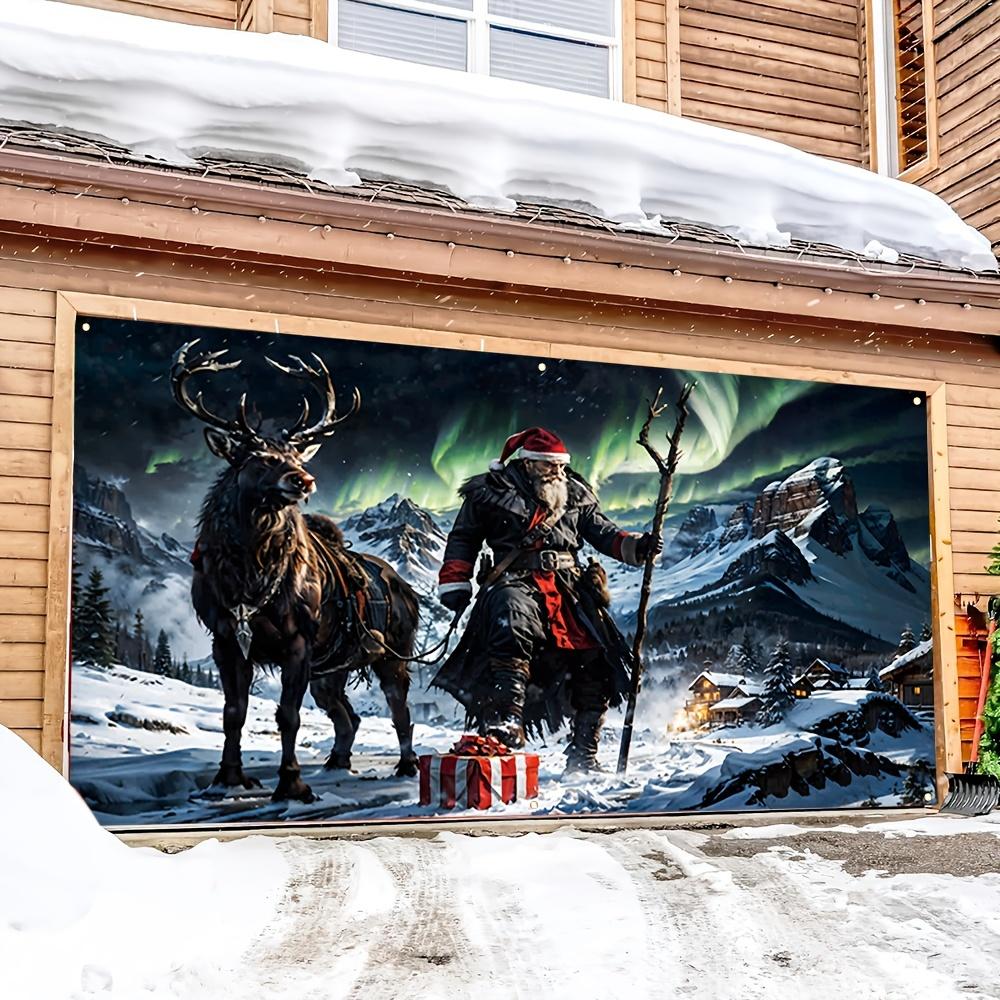1 piece, winter garage door cover flag, Santa Claus deer and snow aurora pattern, made of polyester material