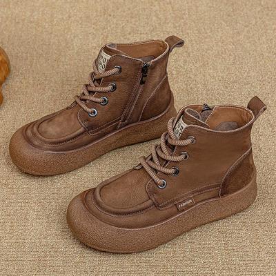 Осень/Зима Женские Ботинки Мартин Ручной Работы из Натуральной Кожи в Ретро Стиле, Замшевая Коровья Кожа, Толстая Подошва, Боковая Молния.