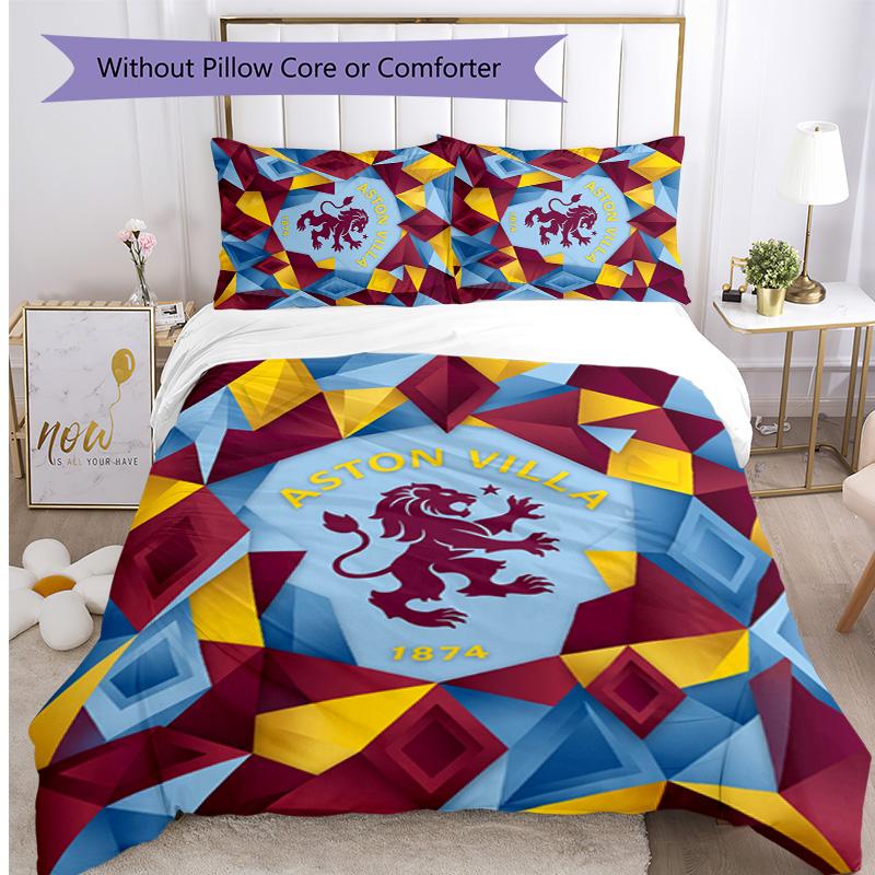 Aston Villa Football Printed 3 Pieces Bedding Set, Comfortable Skin Friendly Bedroom Duvet Cover Set