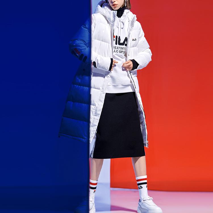 Fila Sports Warm Printed Logo Mid-Length Hooded Down Jacket Women Outerwear White F51W048940FWT