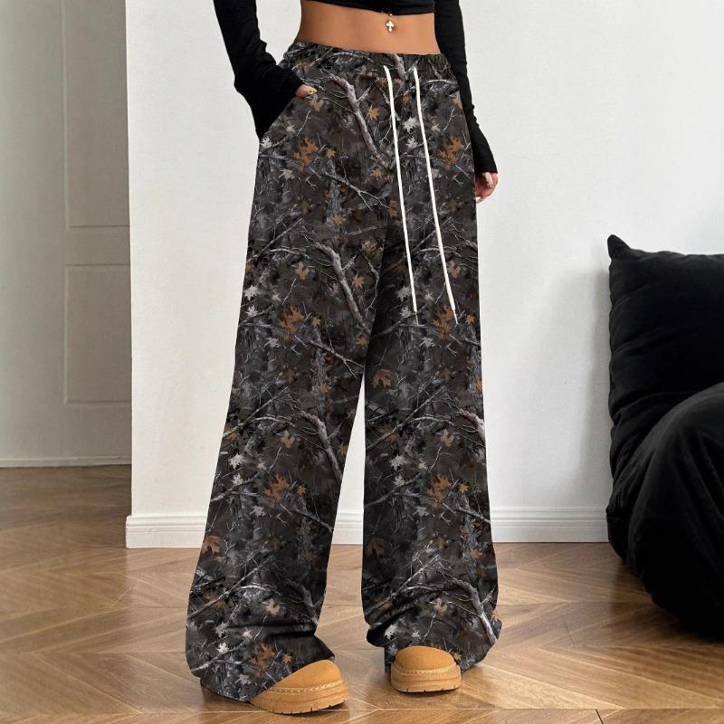 Американские Подростковые Женские Повседневные Брюки с Камуфляжным Принтом, Слим, Широкие Штанины, Длина в Пол