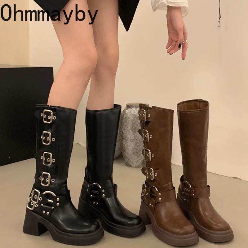 Мода Винтажные женские сапоги в стиле ковбойши Модные туфли с пряжкой на поясе Квадратный каблук Осень-зима Дамы Длинные сапоги в стиле рыцаря