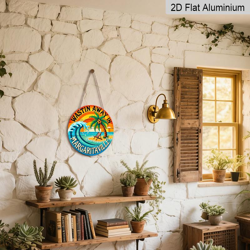 2D Flat - Vintage Decorative Signs And Plaques Featuring The Phrase 'Waste of Time in Margaritaville', Made from Metallic Aluminum with a 2D Graphic