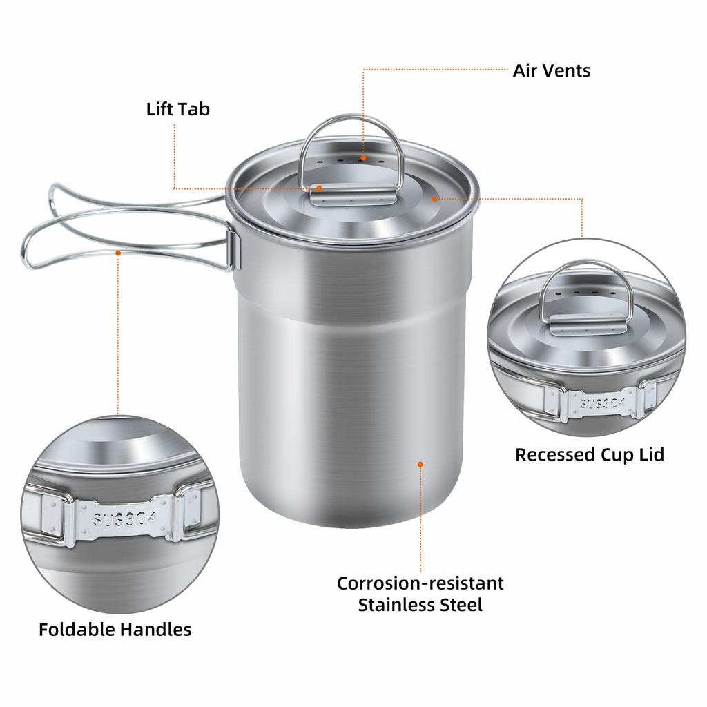 Set of 2 Stackable Camping Mugs Stainless Steel with Storage Bag Portable Coffee Cup with Foldable