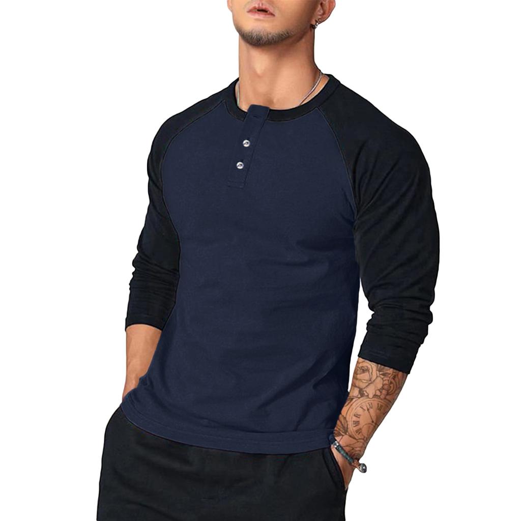 Spring and Autumn Men Button O-neck Long Sleeve T-shirts Summer Male Patchwork Tee Shirt Tops