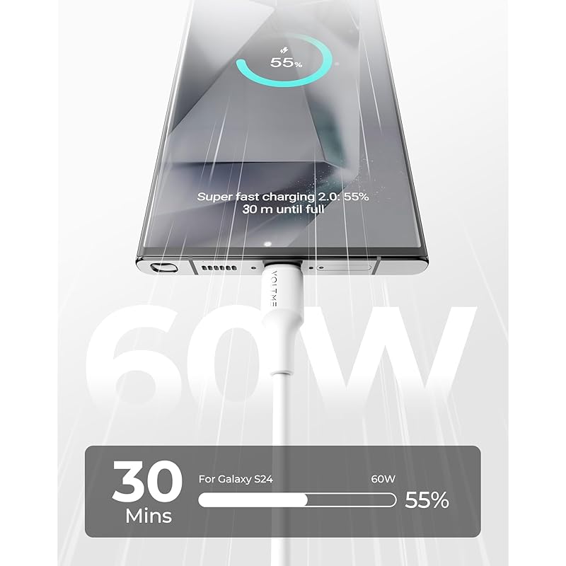 Кабель VOLTME USB Type C 60 Вт/3 А Поддерживает быструю зарядку PD/QC для предотвращения отключения передачи данных типа C iPhone 15, MacBook Совместимо с