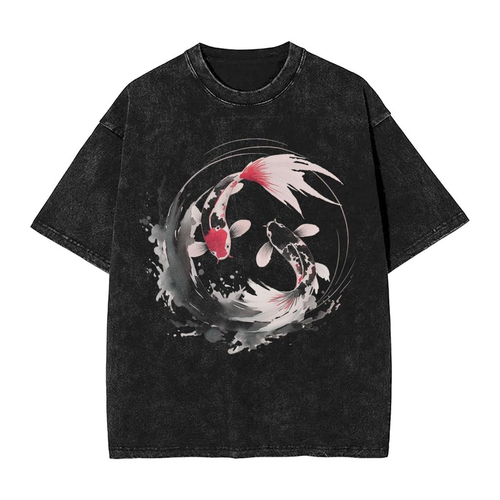 Koi Carp Fish Japanese T Shirts Washed Short Sleeve Harajuku TShirts Vintage Men Women Streetwear Printed Tee Shirt