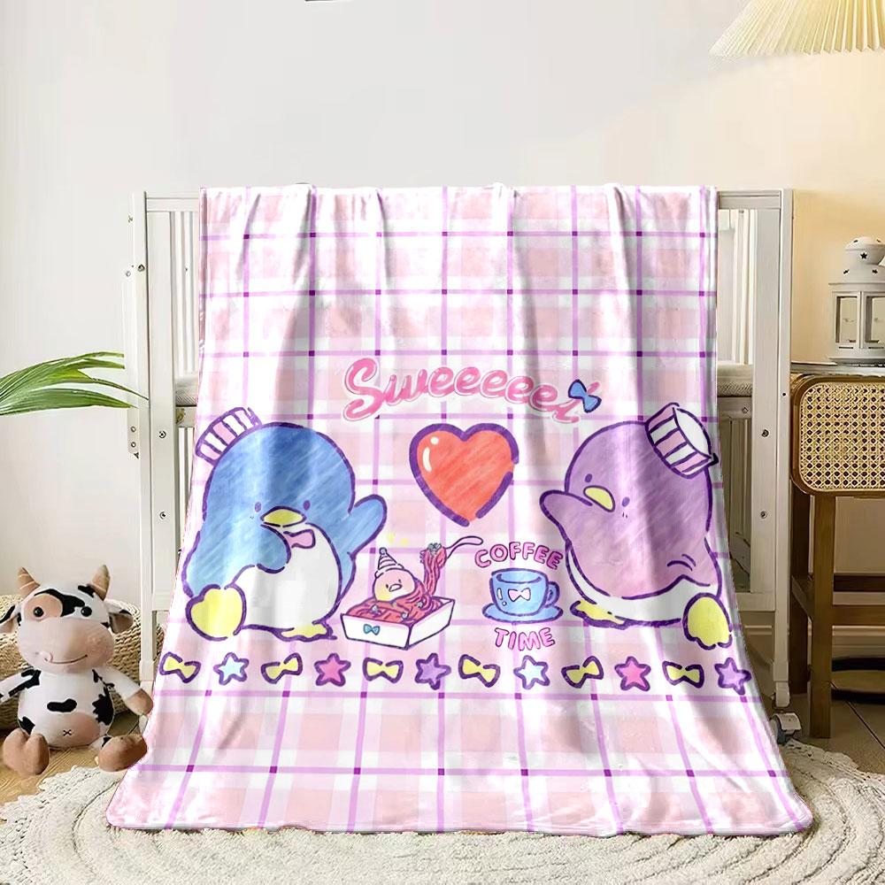 Cute penguins enjoying a meal with a heart motif and pastel checkered backdrop. for all seasons blanket lunch break throw gift