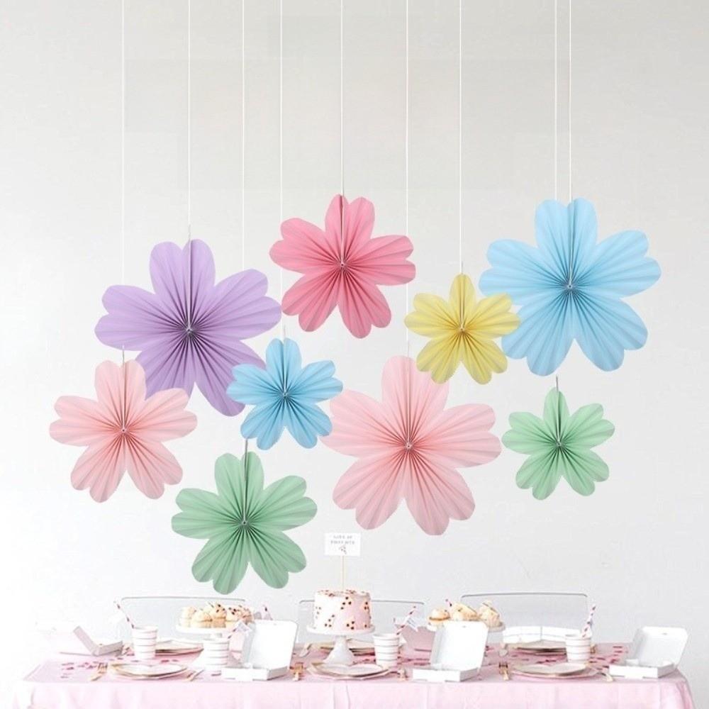 9Pcs/Set Floral Pom Poms Paper Fans DIY Wall Hanging Banner  Birthday Baby Wedding Party Decoration