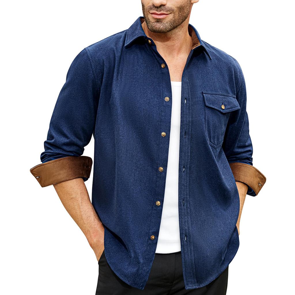 Мужская -цветная Повседневная и модная Рабочая рубашка с длинным рукавом, воротником-стойкой, на пуговицах