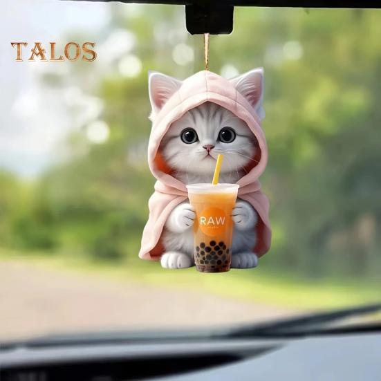 Подвеска для автомобиля 2D Котенок в толстовке с капюшоном, держащий молочный чай, легкая школьная сумка, сумка через плечо, подвеска с цепочкой из бисера, праздничный подарок