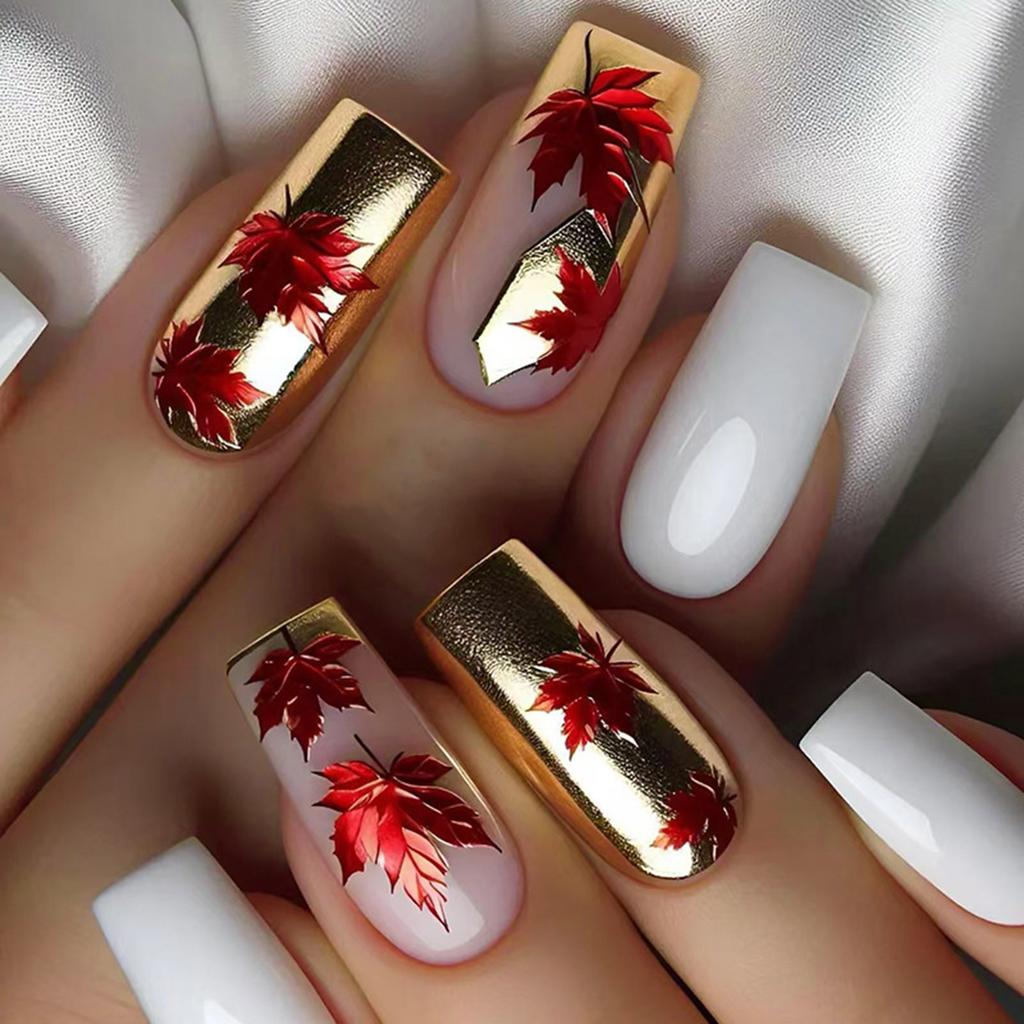24 шт. накладные ногти в виде кленовых листьев осень-зима акриловые ногти средние квадратные полное покрытие накладные ногти осень пресс-накладные ногти