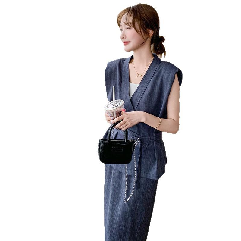 Синий костюм-жилет свободного кроя в стиле old money, юбка, женский летний новый темпераментный комплект из двух предметов