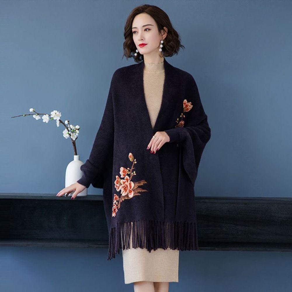 Tassel Embroidery Scarf Imitation Mink Fur Long Fringed Shawl Wedding Party Evening Dresses