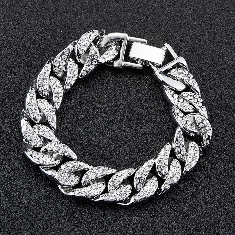European and American Fashion Trend Hip Hop Hiphop Necklace 14mm Super Thick Zinc Alloy Rhinestone Necklace