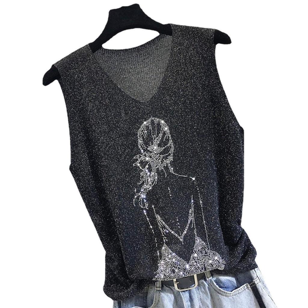 2023 Блестящий шелковый женский жилет без рукавов с V-образным вырезом - Новый стиль весна/лето, свободный крой с вязаным дизайном на бретелях с горячими бриллиантами